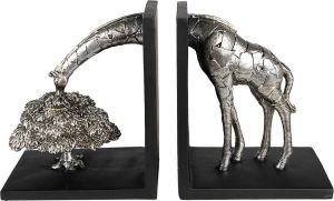 Clayre & Eef Boekensteunen set van 2 Giraf 30x10x18 cm Zilverkleurig Kunststof Boekenhouders Zilverkleurig