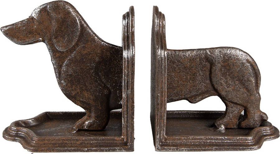Clayre & Eef Boekensteunen Set van 2 Hond Teckel 23x8x13 cm Bruin Ijzer Boekenhouders Bruin Boekenhouders