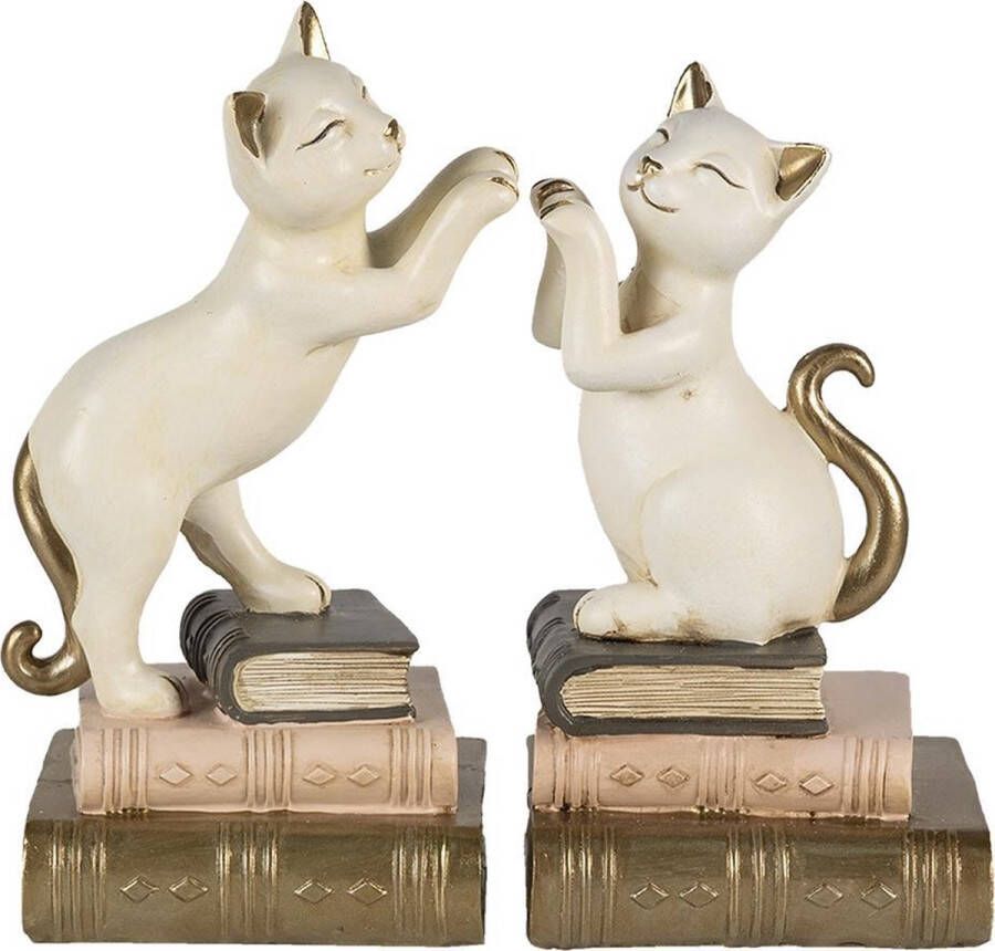 Clayre & Eef Boekensteunen Set van 2 Kat 20x8x19 cm Wit Polyresin Boekenhouders