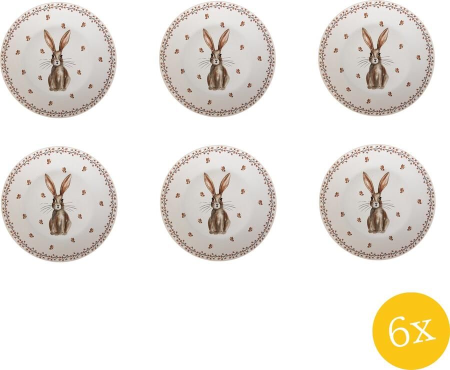 Clayre & Eef Dinerbord set van 6 stuks Ø 26 cm Beige Bruin Porselein Rond Konijn Eetbord