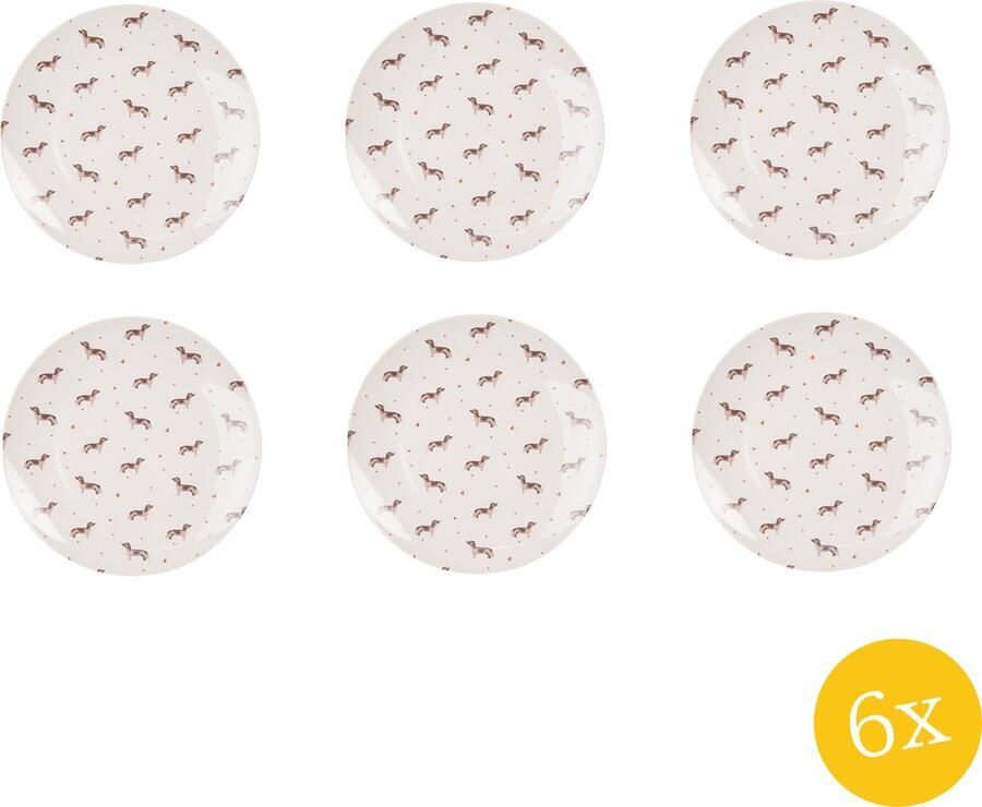 Clayre & Eef Dinerbord set van 6 stuks Ø 26 cm Beige Bruin Porselein Rond Teckels Eetbord
