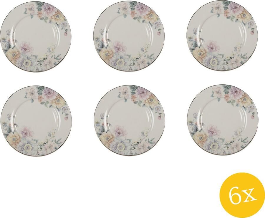 Clayre & Eef Dinerbord set van 6 stuks Ø 26 cm Beige Roze Porselein Bloemen Eetbord