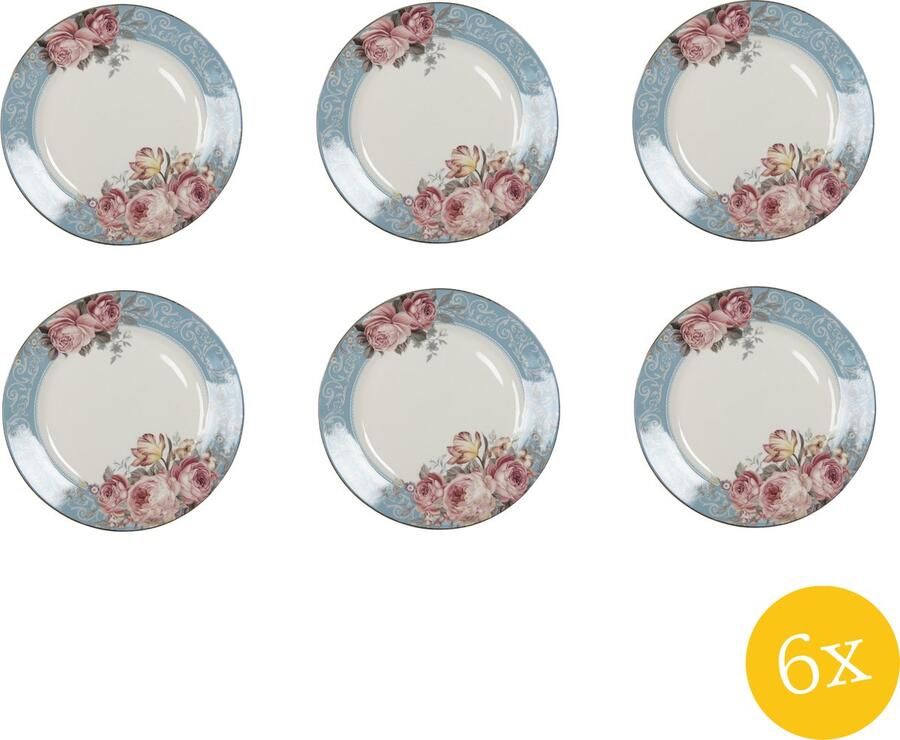 Clayre & Eef Dinerbord set van 6 stuks Ø 26 cm Blauw Wit Porselein Bloemen Eetbord