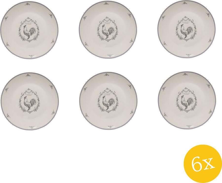 Clayre & Eef Dinerbord set van 6 stuks Ø 26 cm Wit Grijs Porselein Haan Eetbord
