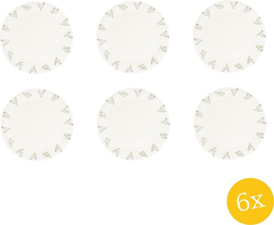Clayre & Eef Dinerbord set van 6 stuks Ø 28 cm Beige Keramiek Rond Kippen Eetbord