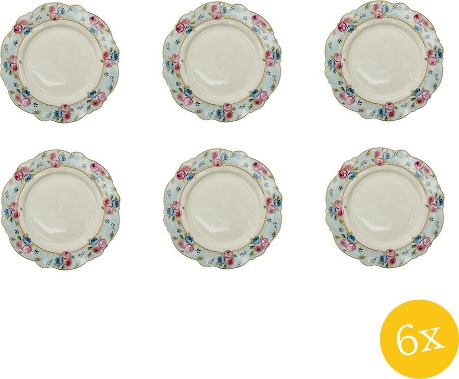 Clayre & Eef Dinerbord set van 6 stuks Ø 28 cm Blauw Wit Keramiek Rond Bloemen Eetbord