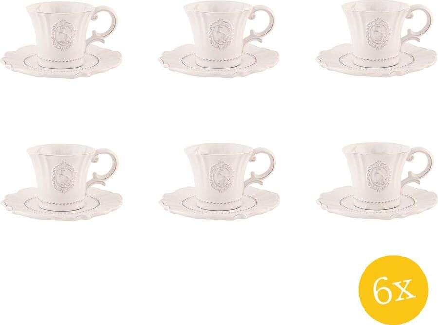 Clayre & Eef Kop en schotel set van 6 stuks schotel 125 ml Wit Keramiek Rond Servies