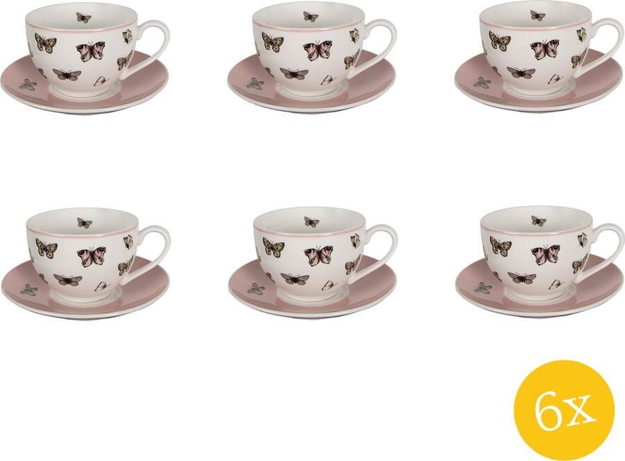 Clayre & Eef Kop en Schotel set van 6 stuks Schotel 200 ml Wit Roze Porselein Vlinders Servies