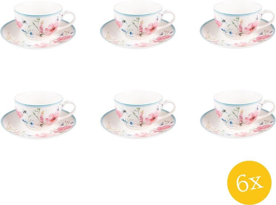 Clayre & Eef Kop en schotel set van 6 stuks schotel 230 ml Wit Roze Porselein Bloemen Servies