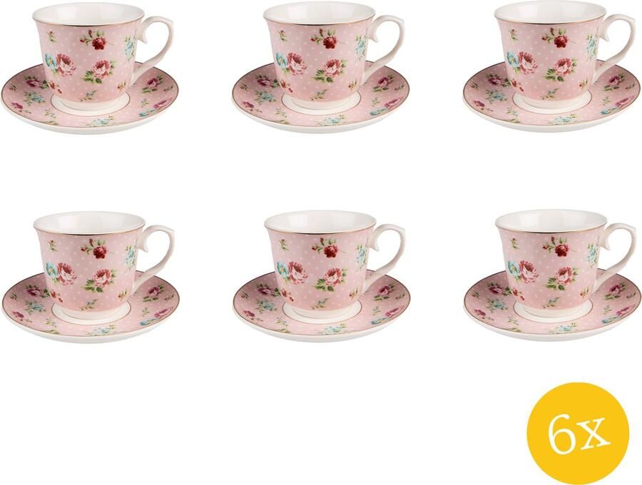 Clayre & Eef Kop en schotel set van 6 stuks schotel 250 ml Roze Porselein Bloemen Servies
