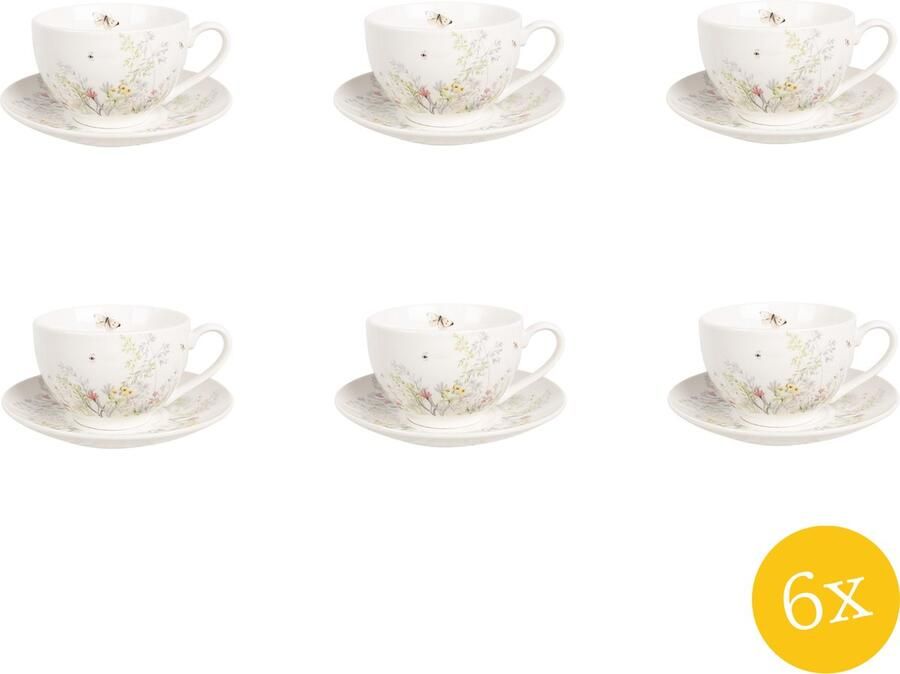 Clayre & Eef Kop en Schotel set van 6 stuks Schotel 250 ml Wit Porselein