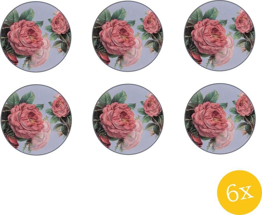 Clayre & Eef Onderbord set van 6 stuks Ø 33 cm Blauw Roze Kunststof Bloemen