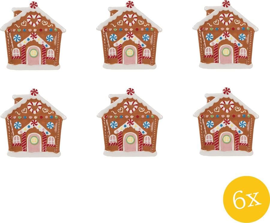 Clayre & Eef Ontbijtbord Gingerbread set van 6 stuks Gingerbread house 20x21x2 cm Bruin Keramiek Kerstdecoratie