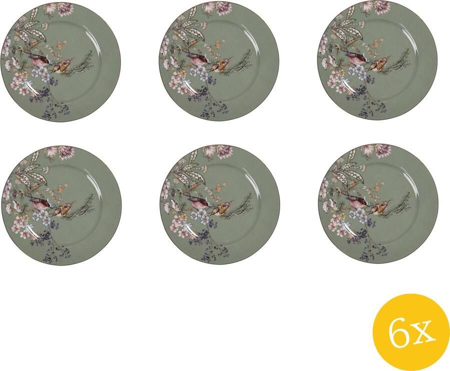 Clayre & Eef Ontbijtbord set van 6 stuks Ø 15 cm Groen Keramiek Rond Bloemen Bord
