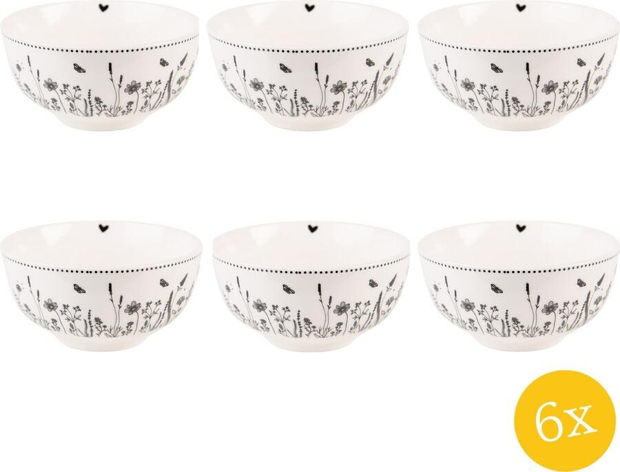 Clayre & Eef Soepkom set van 6 stuks 500 ml Beige Zwart Porselein Rond Bloemen Serveerkom
