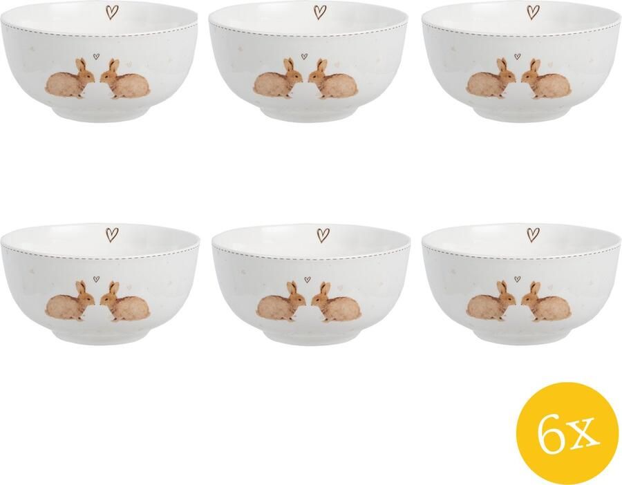 Clayre & Eef Soepkom set van 6 stuks 500 ml Wit Bruin Porselein Konijnen Serveerkom