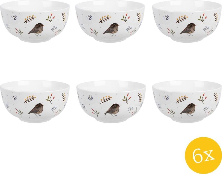 Clayre & Eef Soepkom set van 6 stuks 500 ml Wit Keramiek Vogel Serveerkom