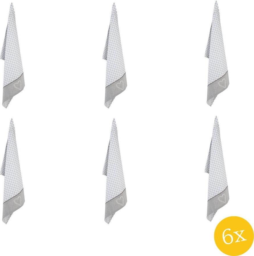 Clayre & Eef Theedoek set van 6 stuks 50x70 cm Grijs Wit Katoen Harten Ruiten Keukenhanddoek