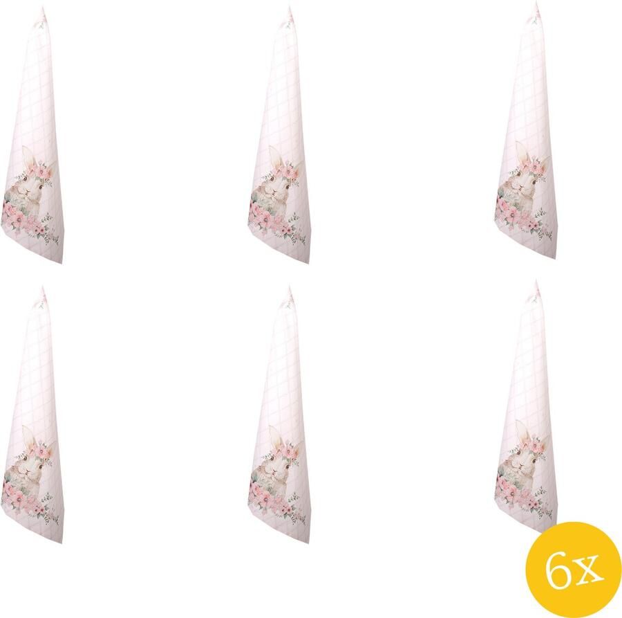 Clayre & Eef Theedoek set van 6 stuks 50x70 cm Roze Katoen Konijn Keukenhanddoek