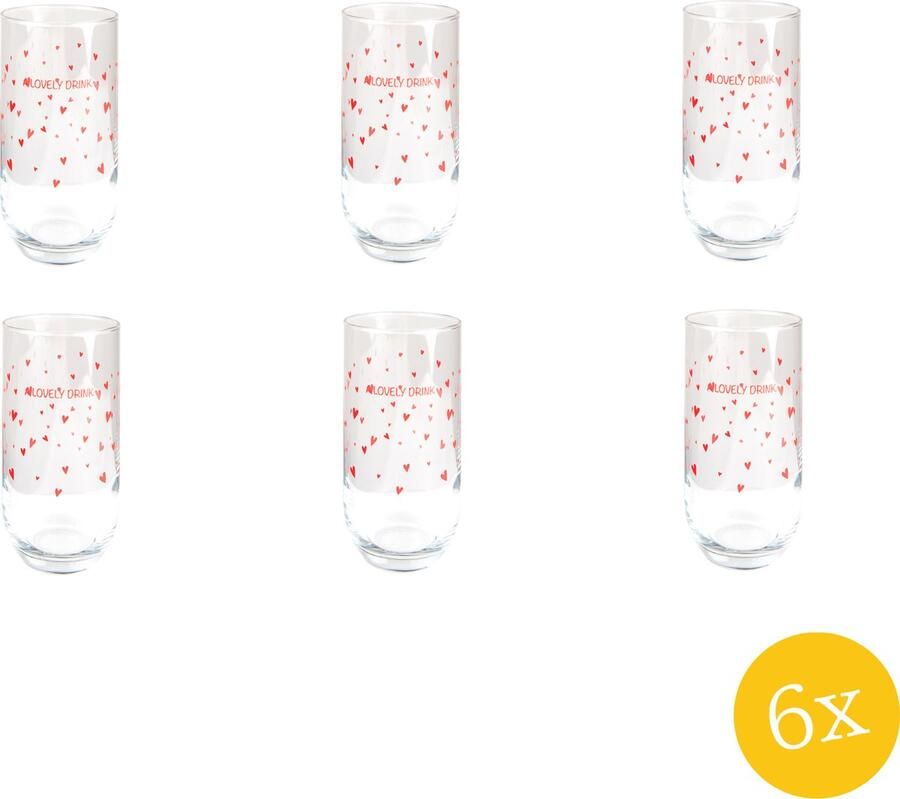 Clayre & Eef Waterglas set van 6 stuks 280 ml Glas Harten A lovely drink Longdrinkglas
