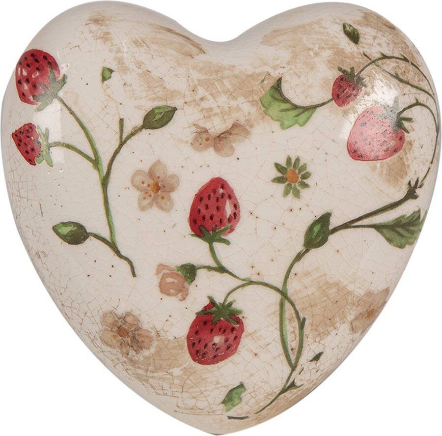 Clayre & Eef Decoratie Hart 11x11x4 cm Beige Rood Keramiek Aardbeien Woondecoratie Beige Woondecoratie