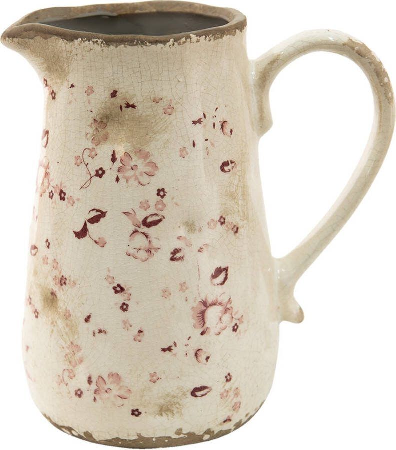 Clayre & Eef Decoratie Kan 1150 ml Roze Beige Keramiek Bloemen Waterkan