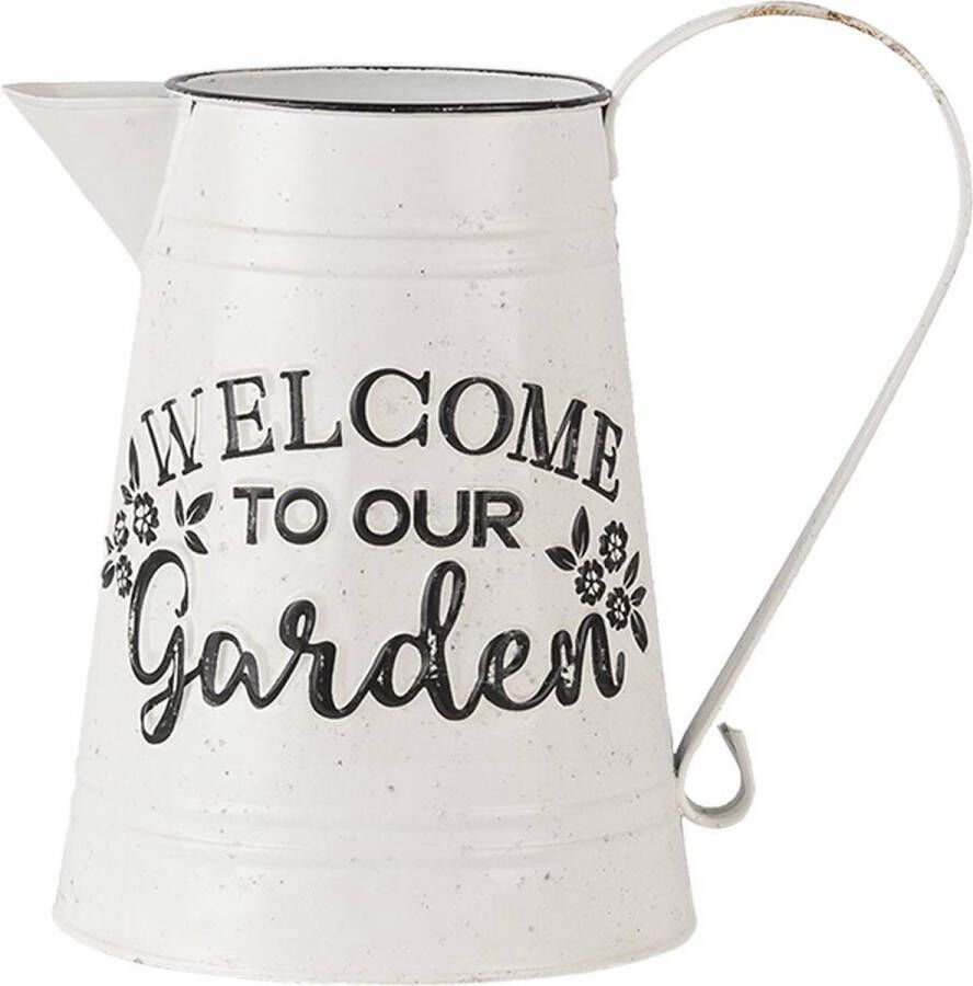 Clayre & Eef Decoratie Kan 17*17*23 cm Wit Metaal Rond Welcome to our garden Decoratieve Waterkan Decoratieve Gieter Tuindecoratie