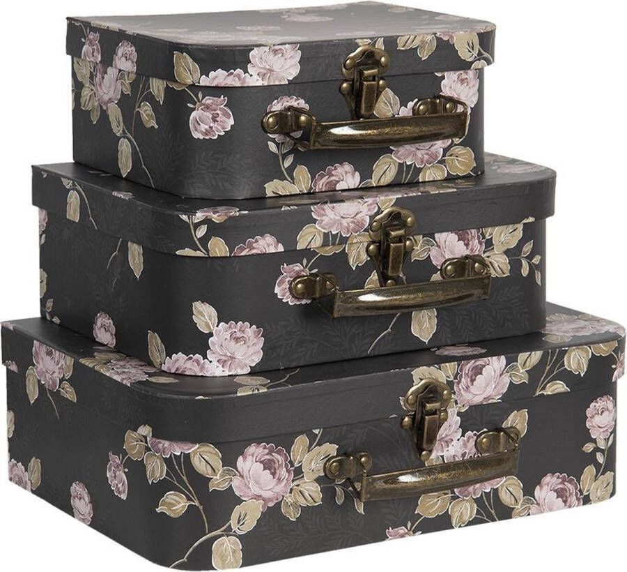 Clayre & Eef Decoratie koffer Set van 3 30x21x9 25x18x9 20x16x8 cm Zwart Karton Rechthoek Bloemen Opbergkoffer Koffer