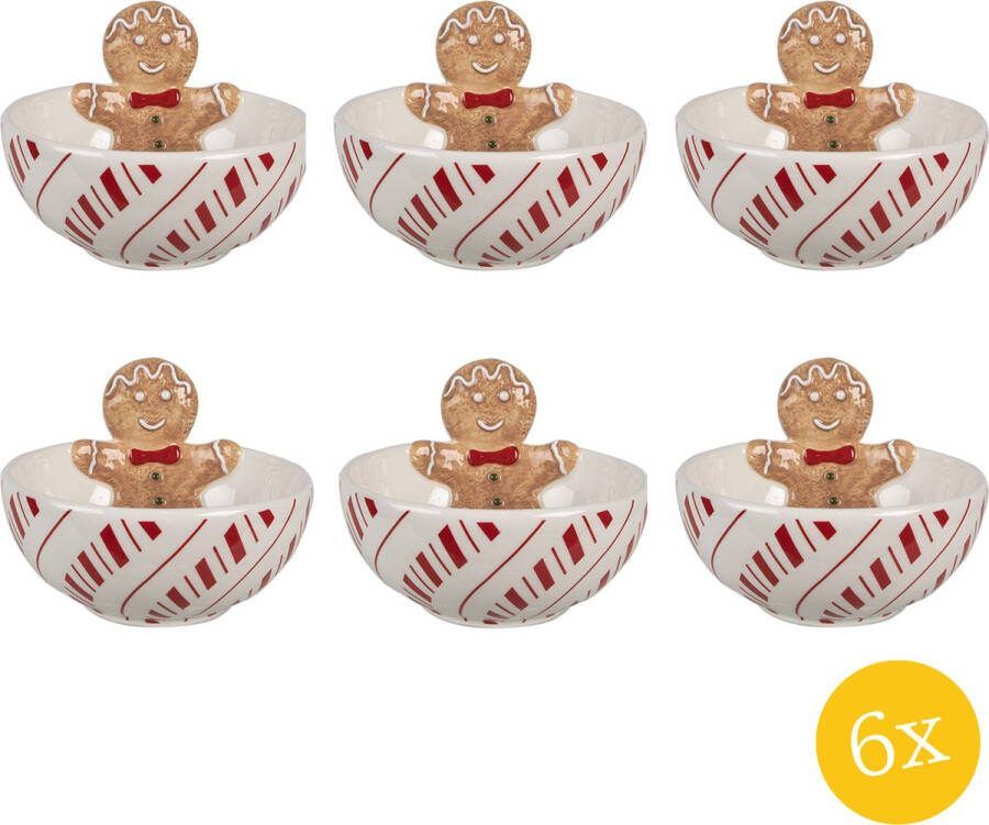 Clayre & Eef Decoratie schaal set van 6 stuks schaal 250 ml Wit Rood Keramiek Gingerbread man Serveerkom