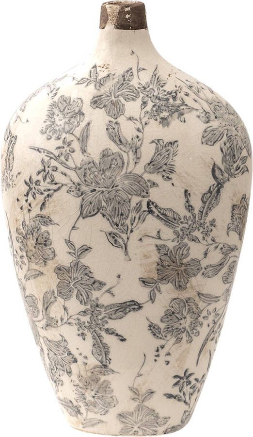 Clayre & Eef Vaas 16*9*28 cm Grijs Beige Keramiek Bloemen Decoratie Vaas Decoratie Pot Bloempot binnen