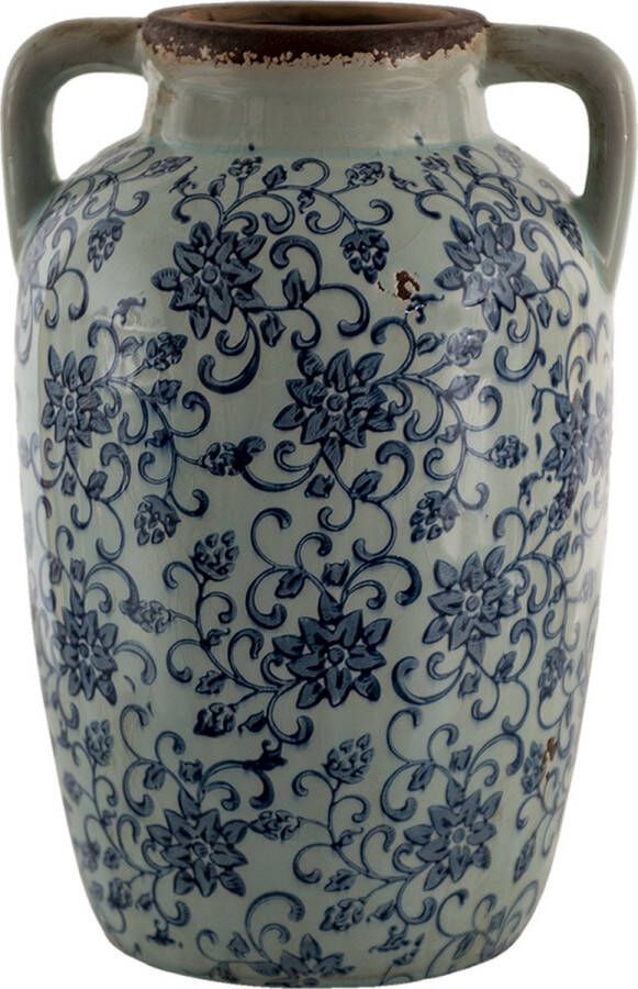 Clayre & Eef Vaas 19*18*29 cm Blauw Groen Keramiek Rond Bloemen Decoratie Vaas Decoratie Pot Bloempot binnen