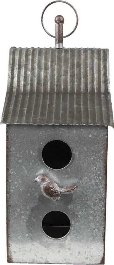 Clayre & Eef Decoratie Vogelhuis Vogel 14x14x30 Cm Grijs Bruin Ijzer Vogelhuisje Hangend Nestkastje Grijs Vogelhuisje
