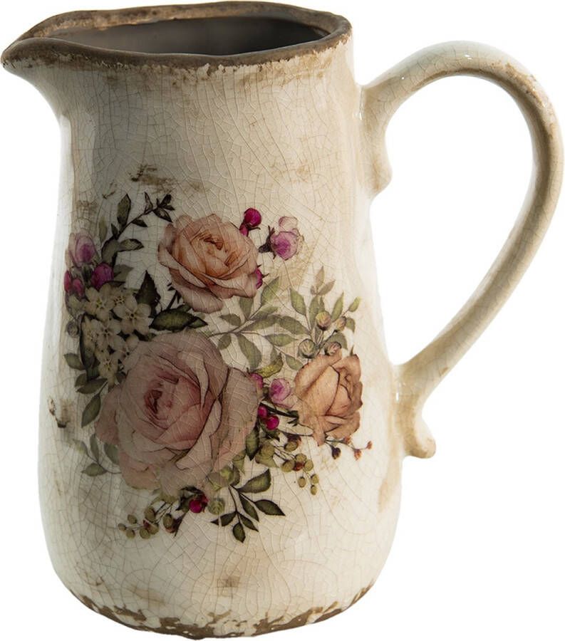 Clayre & Eef Decoratieve Schenkkan 1500 ml Roze Beige Keramiek Bloemen Waterkan Kan