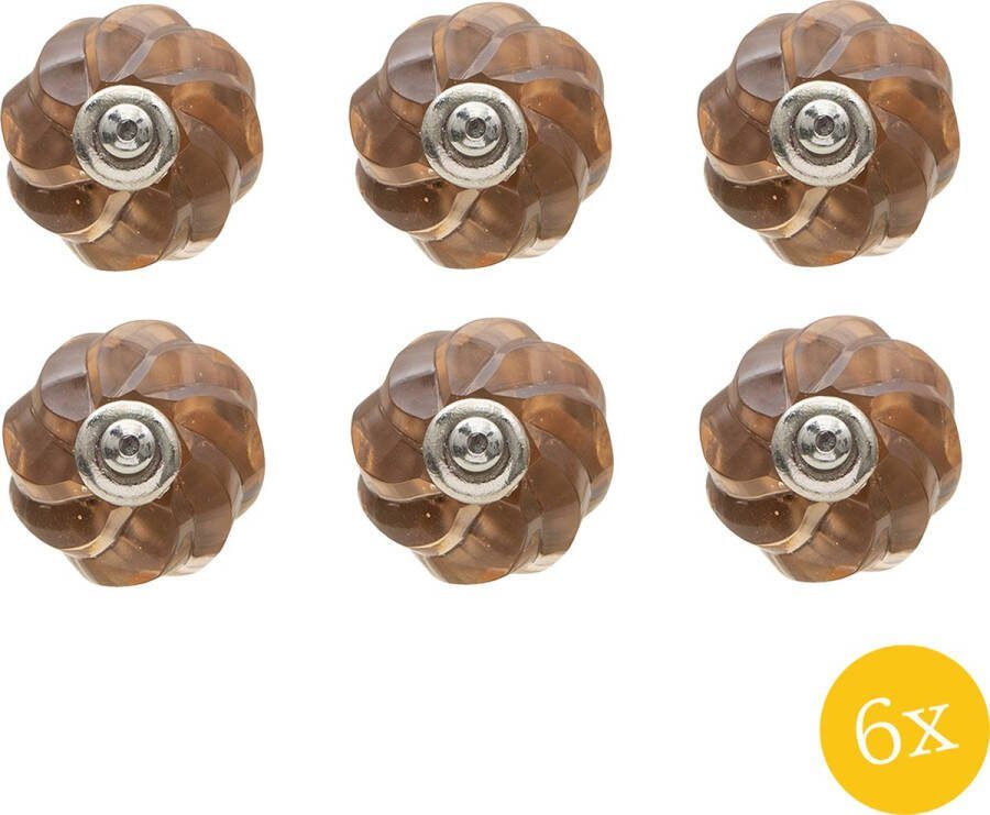 Clayre & Eef Deurknop set van 6 stuks Ø 4 cm Bruin Glas Metaal Meubelknop
