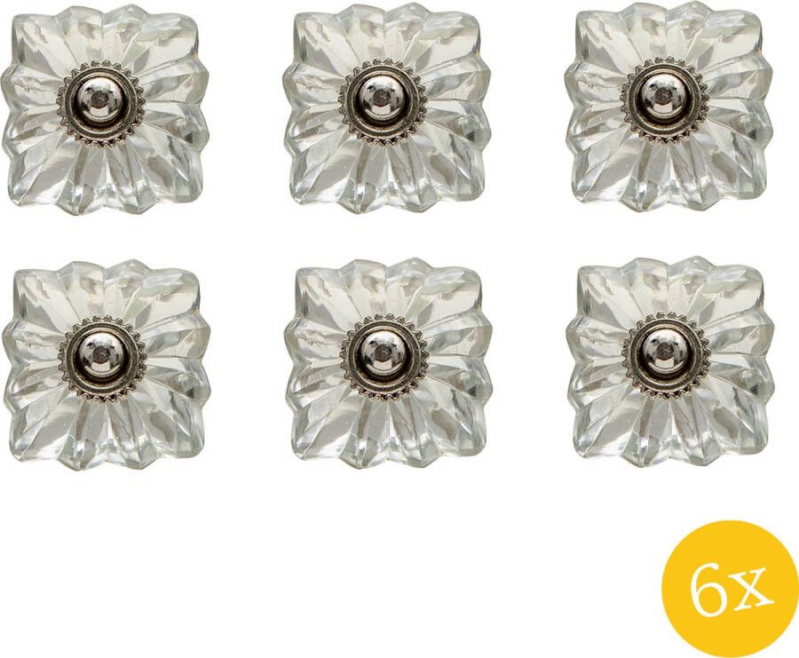Clayre & Eef Deurknop set van 6 stuks 4 cm Transparant Glas Metaal Meubelknop