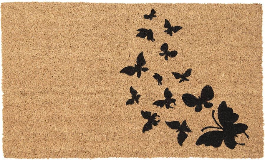 Clayre & Eef Deurmat 75x45 cm Bruin Zwart Kokosvezel Pvc Rechthoek Vlinders Kokosmat