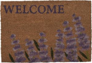 Clayre & Eef Deurmat 60x40 Cm Bruin Paars Kokosvezel Pvc Rechthoek Lavendel Welcome Kokosmat Mat Schoonloopmat Bruin