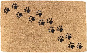 Clayre & Eef Deurmat 75*45*1 cm Bruin Kokosvezel Rubber Rechthoek Hondenpootjes Kokosmat Mat Schoonloopmat