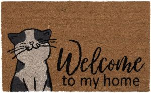Clayre & Eef Deurmat 75x45 Cm Bruin Zwart Kokosvezel Rubber Rechthoek Kat Welcome Kokosmat Mat Schoonloopmat Bruin