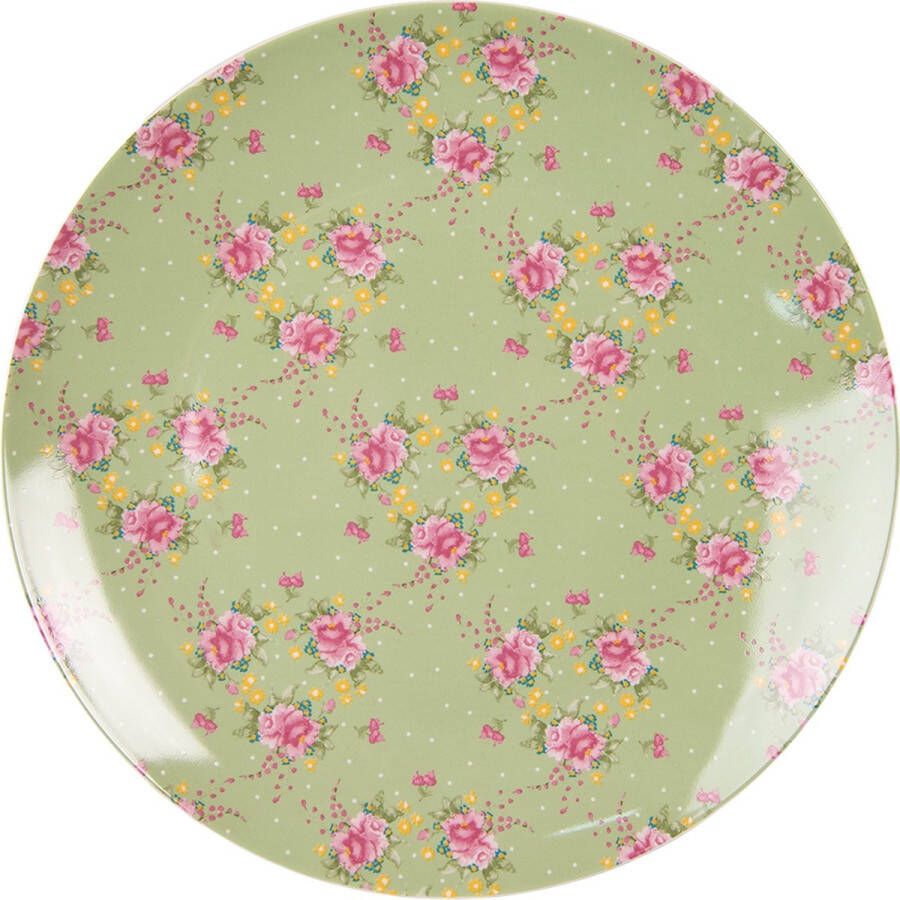 Clayre & Eef Dinerbord Ø 26 cm Groen Beige Porselein Rond Bloemen Eetbord Groen Eetbord