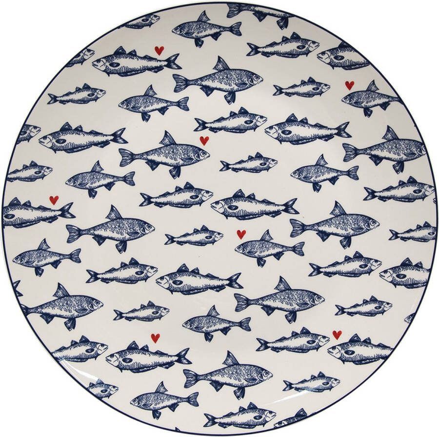 Clayre & Eef Dinerbord Ø 26 cm Wit Blauw Porselein Vissen Eetbord Wit Eetbord