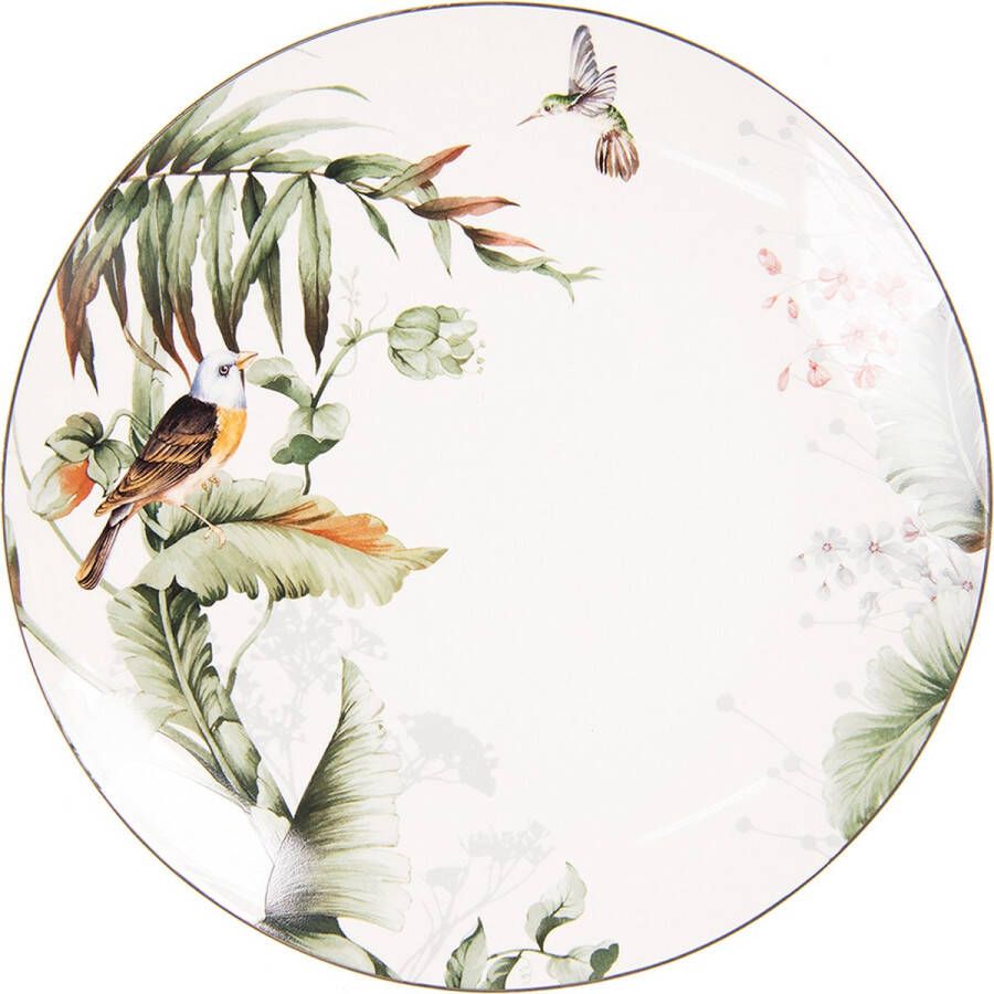 Clayre & Eef Dinerbord Ø 26 cm Wit Groen Porselein Rond Vogels Eetbord Groot bord