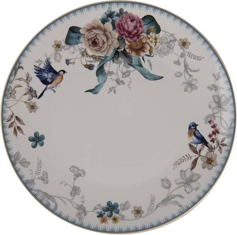 Clayre & Eef Dinerbord Ø 26 cm Wit Roze Porselein Rond Bloemen Eetbord