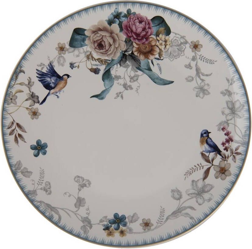 Clayre & Eef Dinerbord Ø 26 cm Wit Roze Porselein Rond Bloemen Eetbord Groot bord