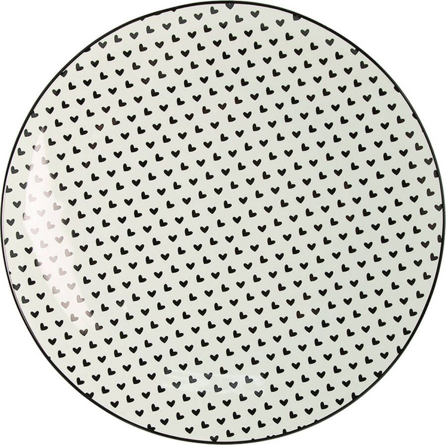 Clayre & Eef Dinerbord Ø 26 cm Wit Zwart Porselein Rond Harten Eetbord