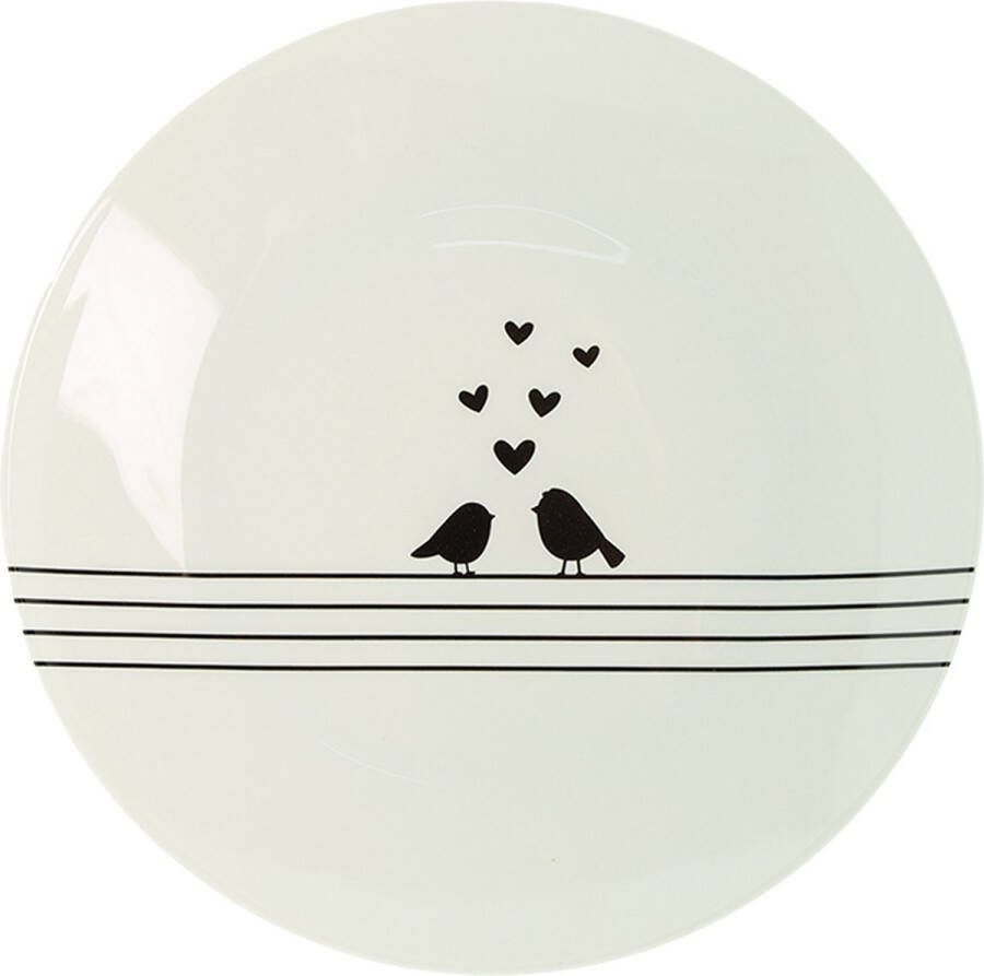 Clayre & Eef Dinerbord Ø 26 cm Wit Zwart Porselein Rond Harten Vogels Eetbord Wit Eetbord