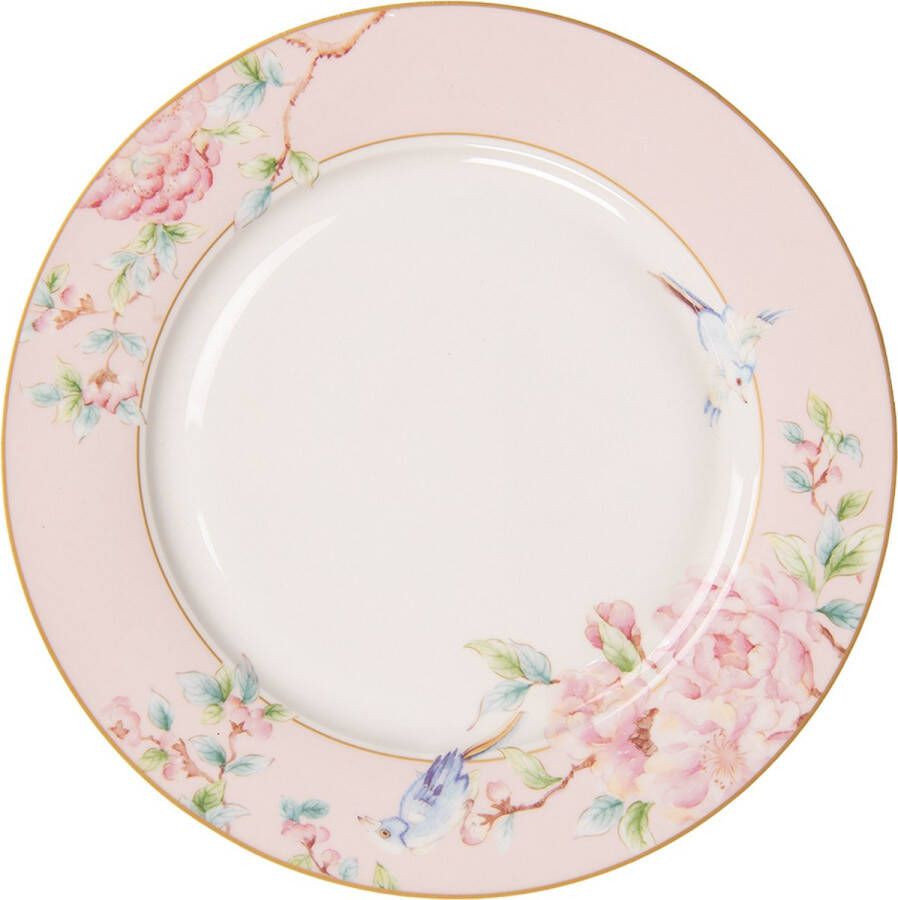 Clayre & Eef Dinerbord Ø 27 cm Roze Wit Porselein Bloemen Eetbord Roze Eetbord