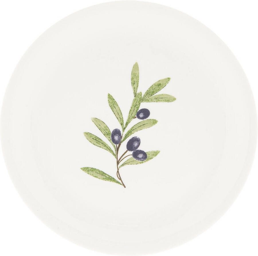 Clayre & Eef Dinerbord Ø 28 cm Beige Blauw Keramiek Rond Olijftak Eetbord Groot bord