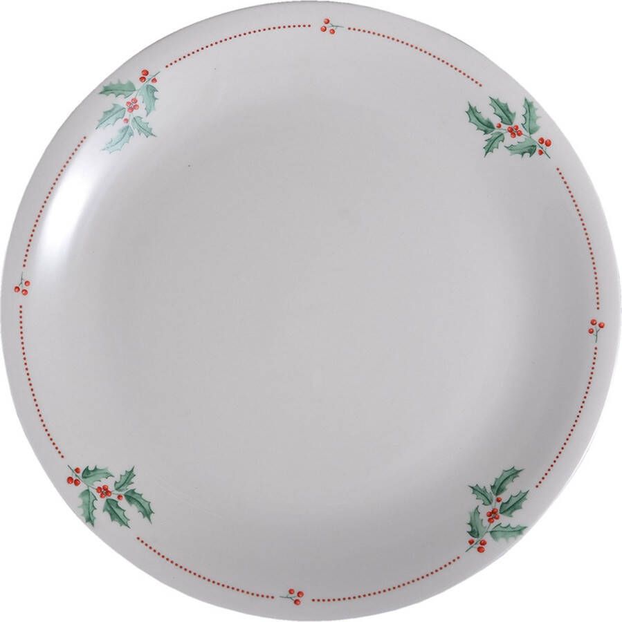 Clayre & Eef Servies Dinerbord Ø 28*2 cm Creme Keramiek Rond Hulstblaadjes Eetbord Creme Eetbord