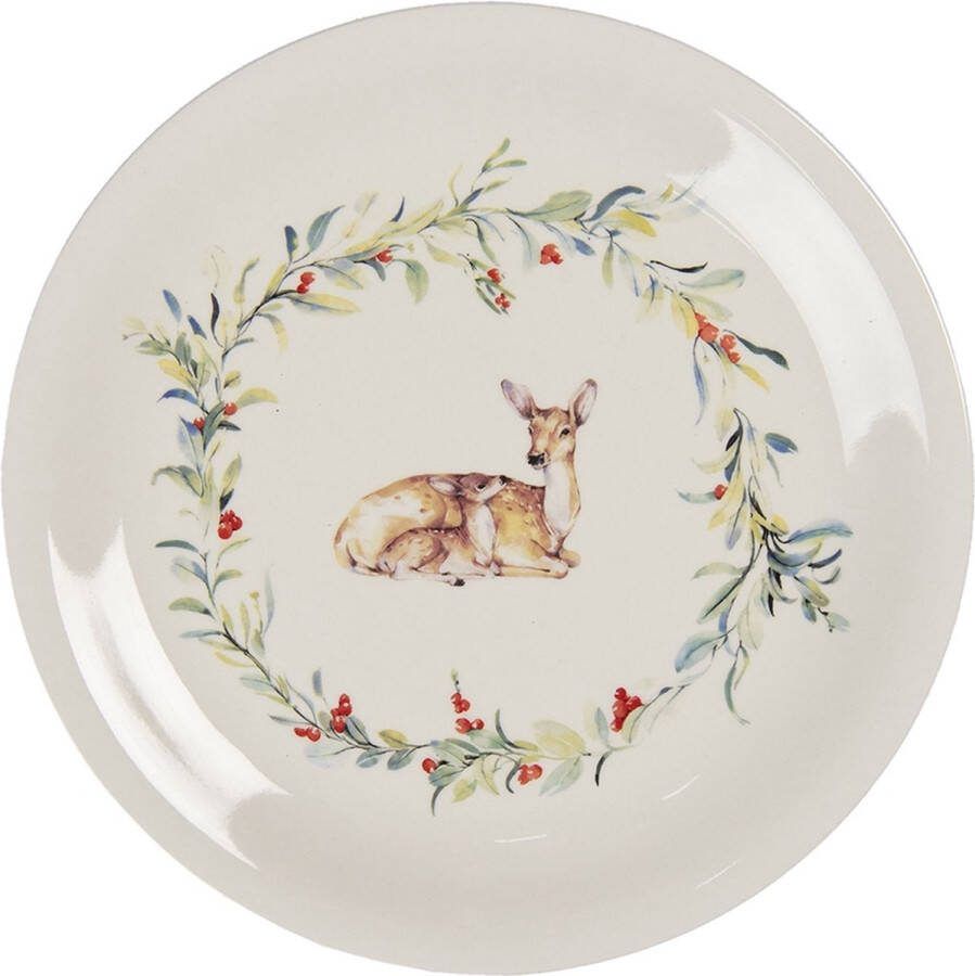 Clayre & Eef Dinerbord Ø 28 cm Wit Groen Keramiek Rond Hert Eetbord